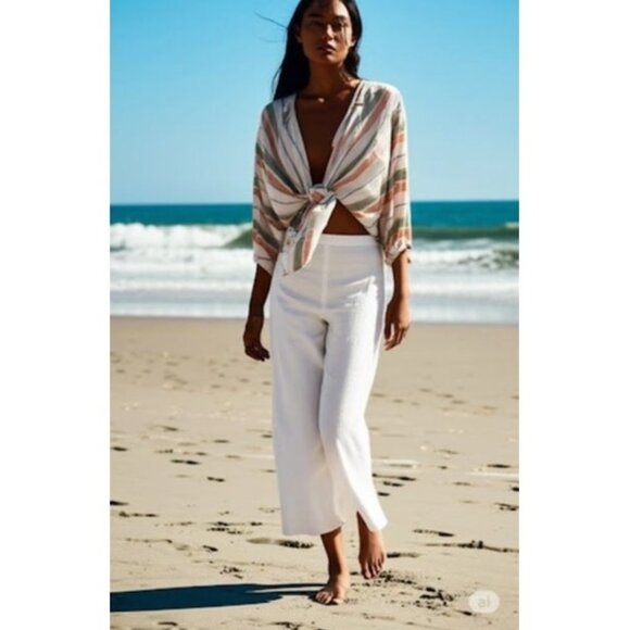 Zara Womens Striped Crop Top With V-Neck & Tie Front XS Linen Blend Made In Moro - Picture 1 of 13